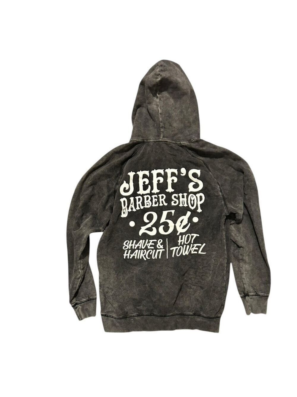 JEFF’S BARBERSHOP Charcoal Gray Hoodie Kangaroo Pocket Cotton Polyester VGC Sz M